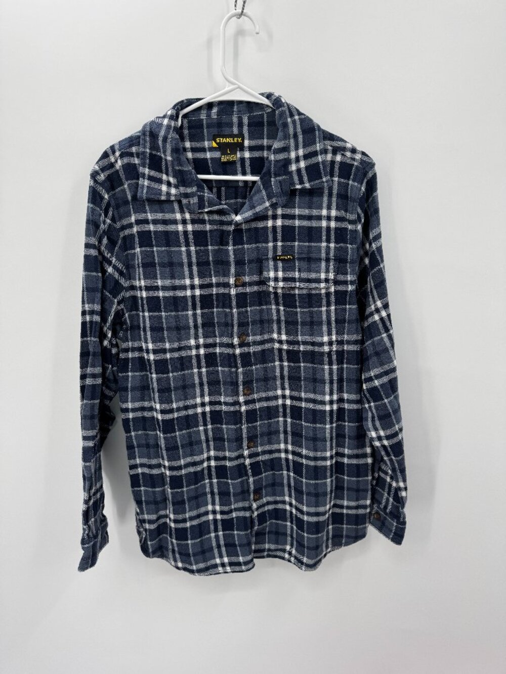 Stanley Workwear Plaid Flannel Button Down Shirt Navy Blue Mens Large